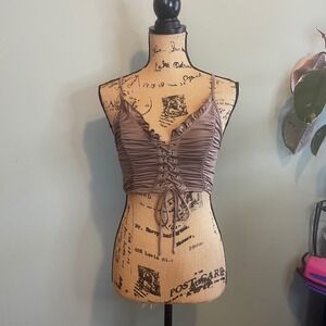 Shein Womens Y2k Romantic Coquette Ruched Lace Up Bustier Crop Top Brown Size XS